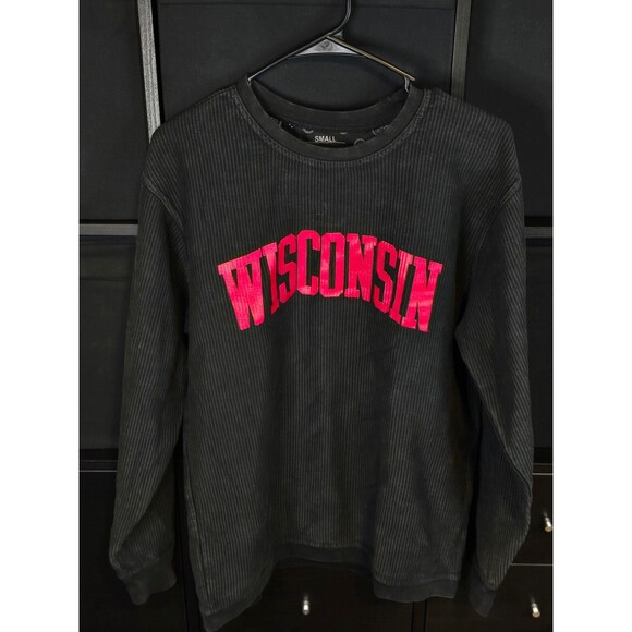 Women's Pressbox Black Wisconsin Badgers Comfy Cord Vintage Wash Basic Arch NWT - Picture 1 of 3